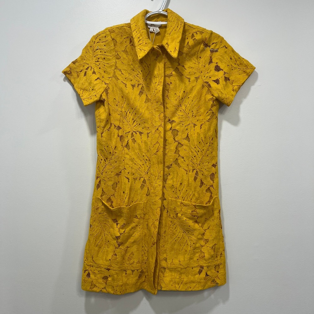 Ted Baker Womens Mini Lace Shirt Dress NWT‎ $325 Yellow Short Sleeve Pocket Sun